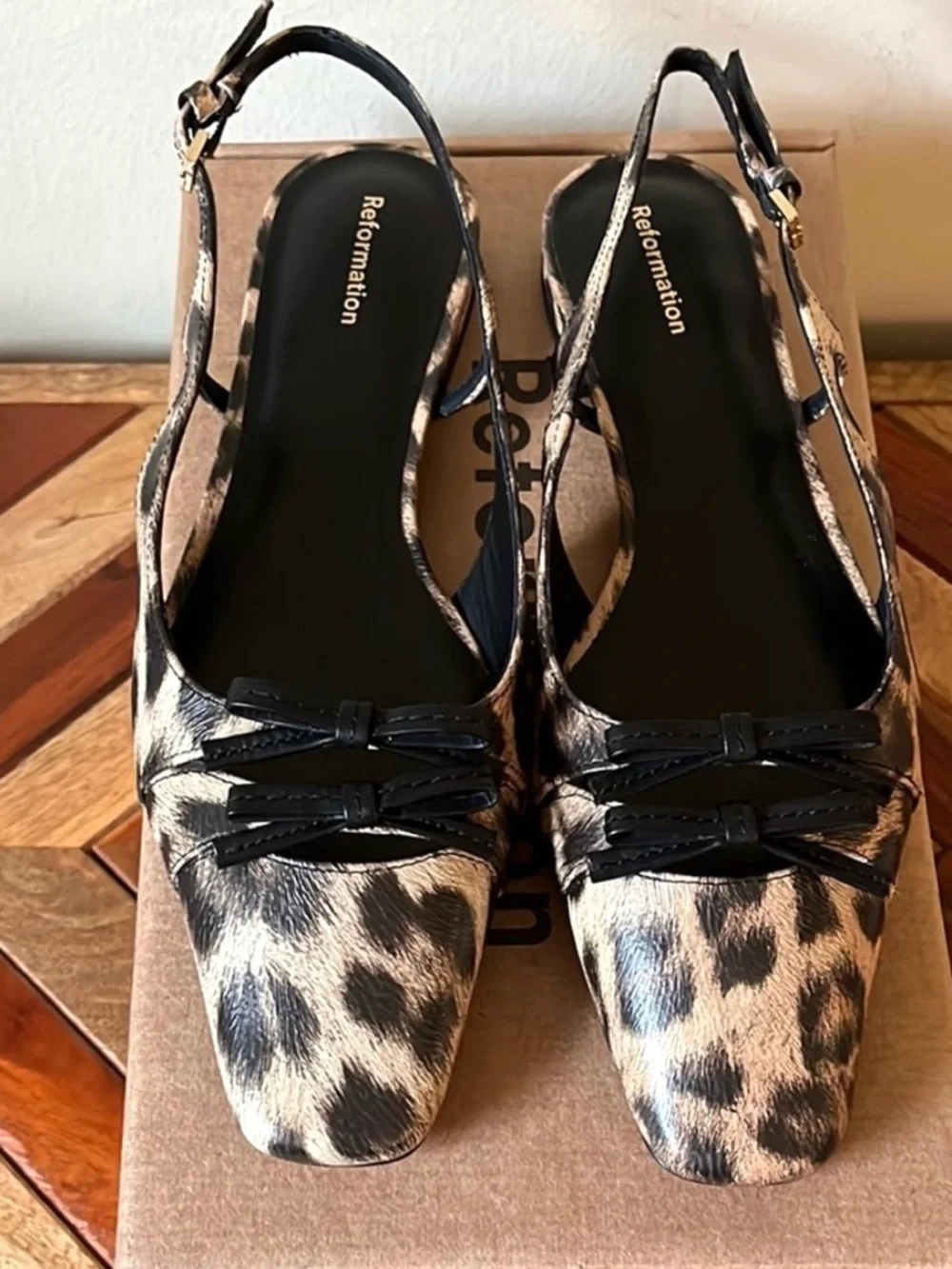 Reformation square toe, black and tan leopard print sling back flats NWOT SZ 8.5 - Picture 5 of 15